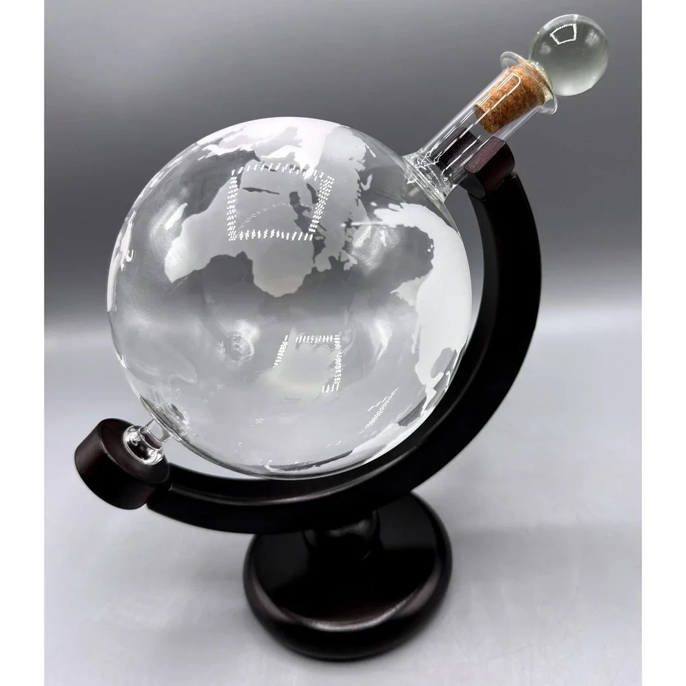 Etched Glass Rotating Globe Whiskey Decanter with Wooden Stand 850ml Barware